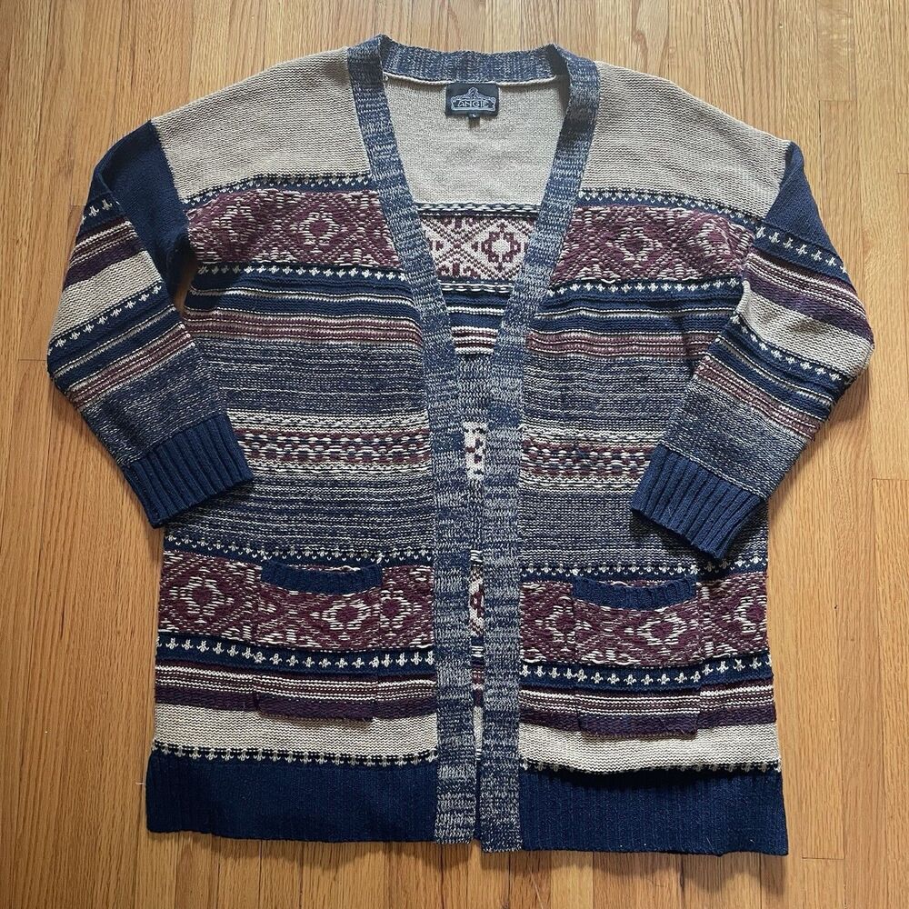 Angie Womens Cardigan Sweater Wool Navy Stripe Size L Grandpa Western Boho Indie